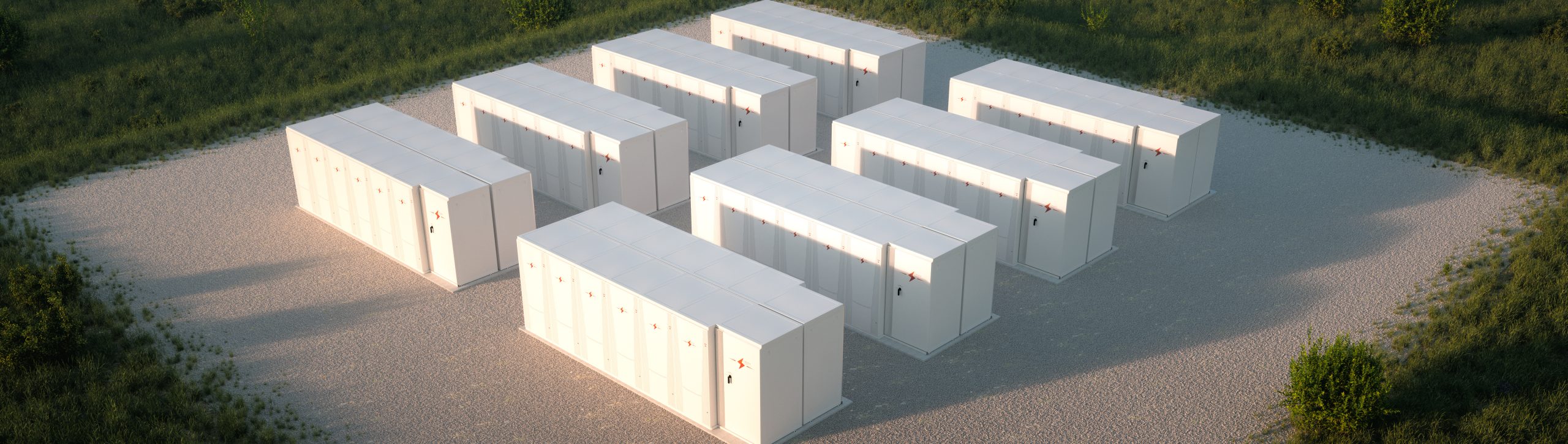 An artist's impression of what a Battery Energy Storage System looks like. There are rows of big white batteries standing in a field.
