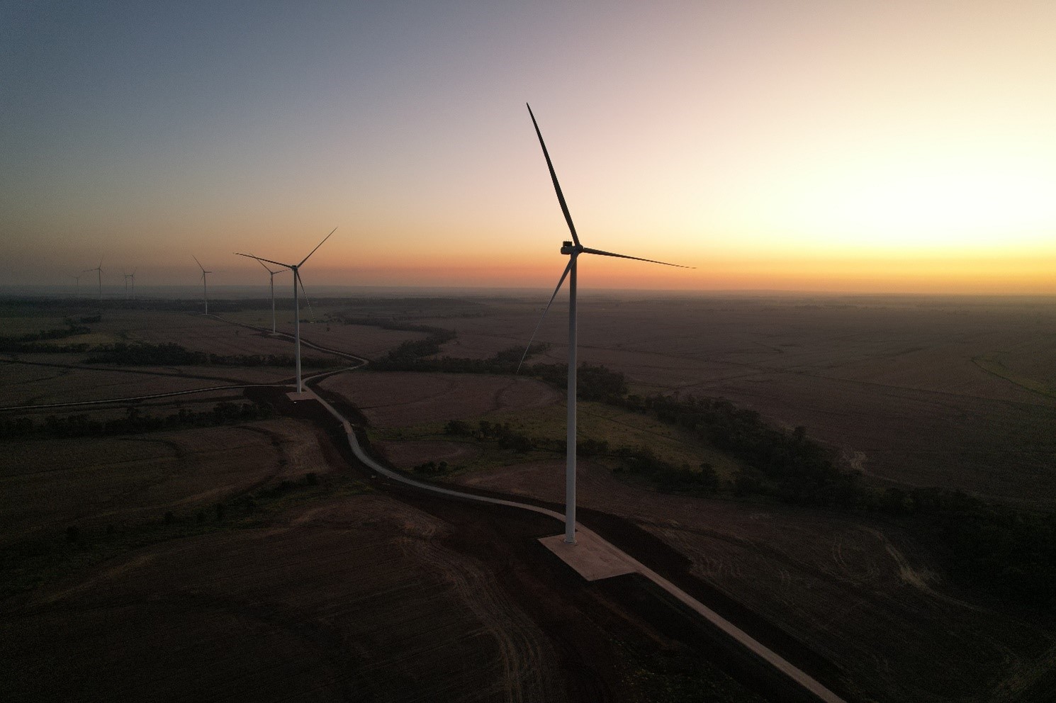 A photograph of Dulacca Wind Farm at sunrise showing wind turbines stretching into the distance