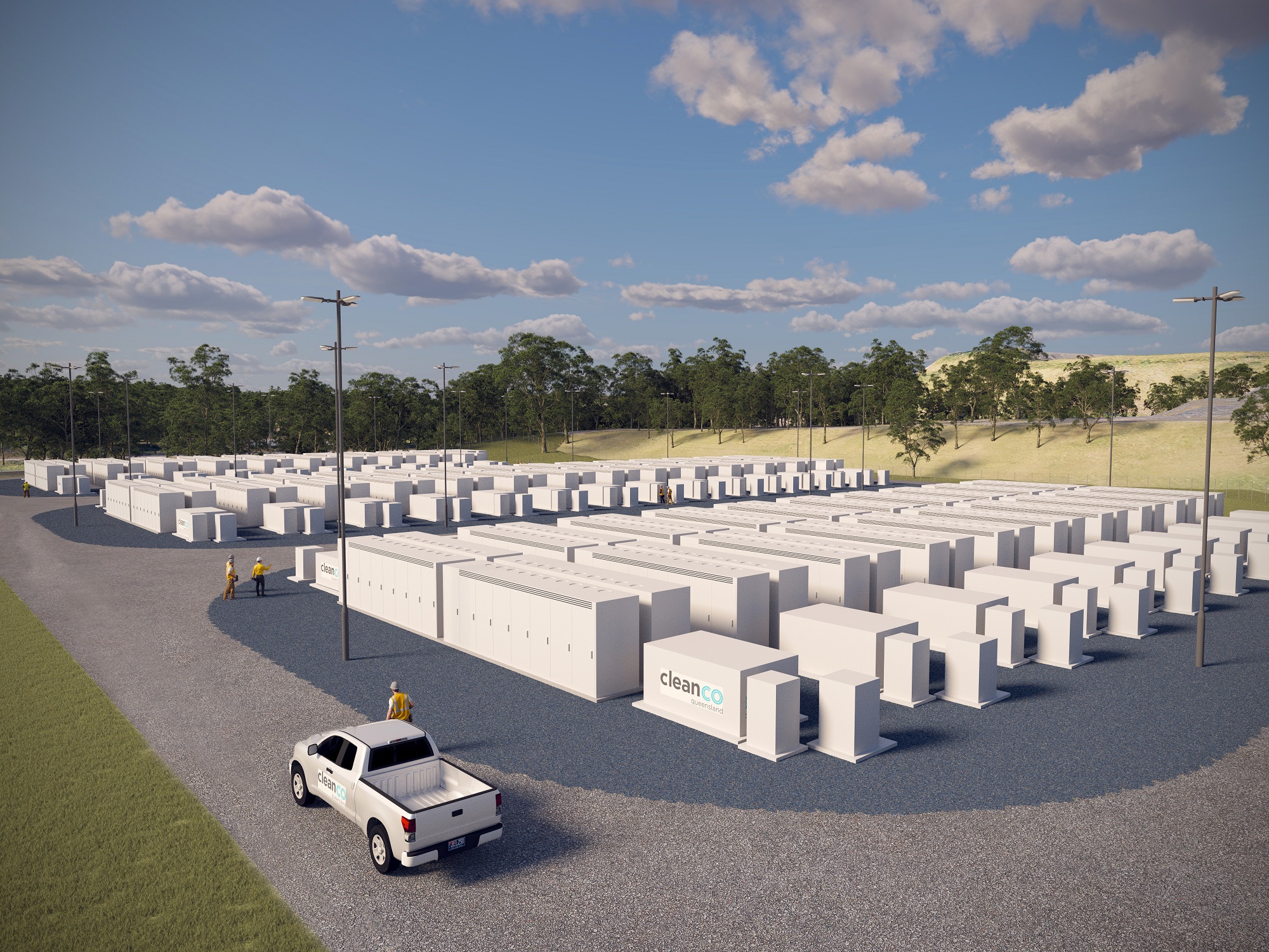 An artist's impression of the Swanbank Battery showing 138 Tesla Megapacks with CleanCo cars and workers among the Megapacks