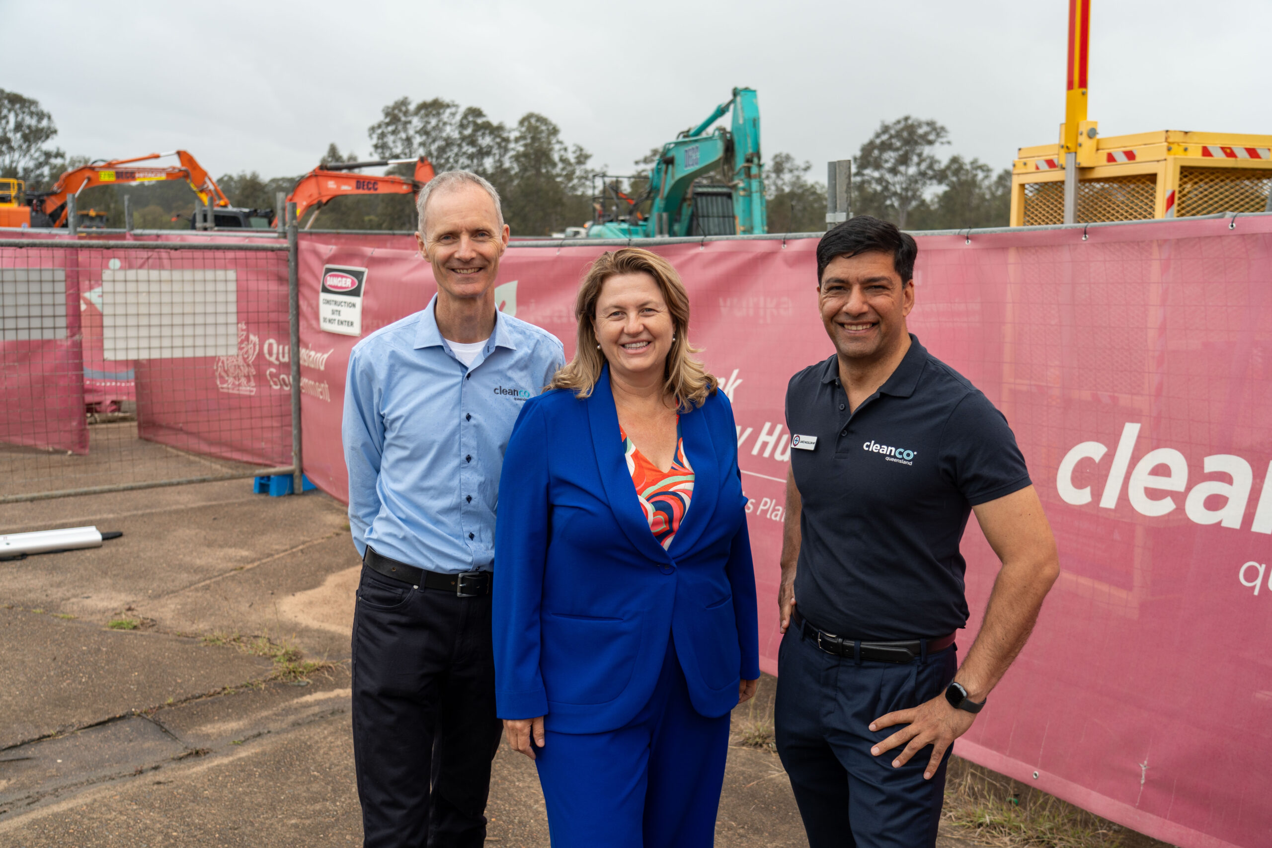 A photograph of CleanCo CEO, Tom Metcalfe, Ipswich City Council Mayor, Teresa Harding and Member for Bundamba, Lance McCallum at Swanbank