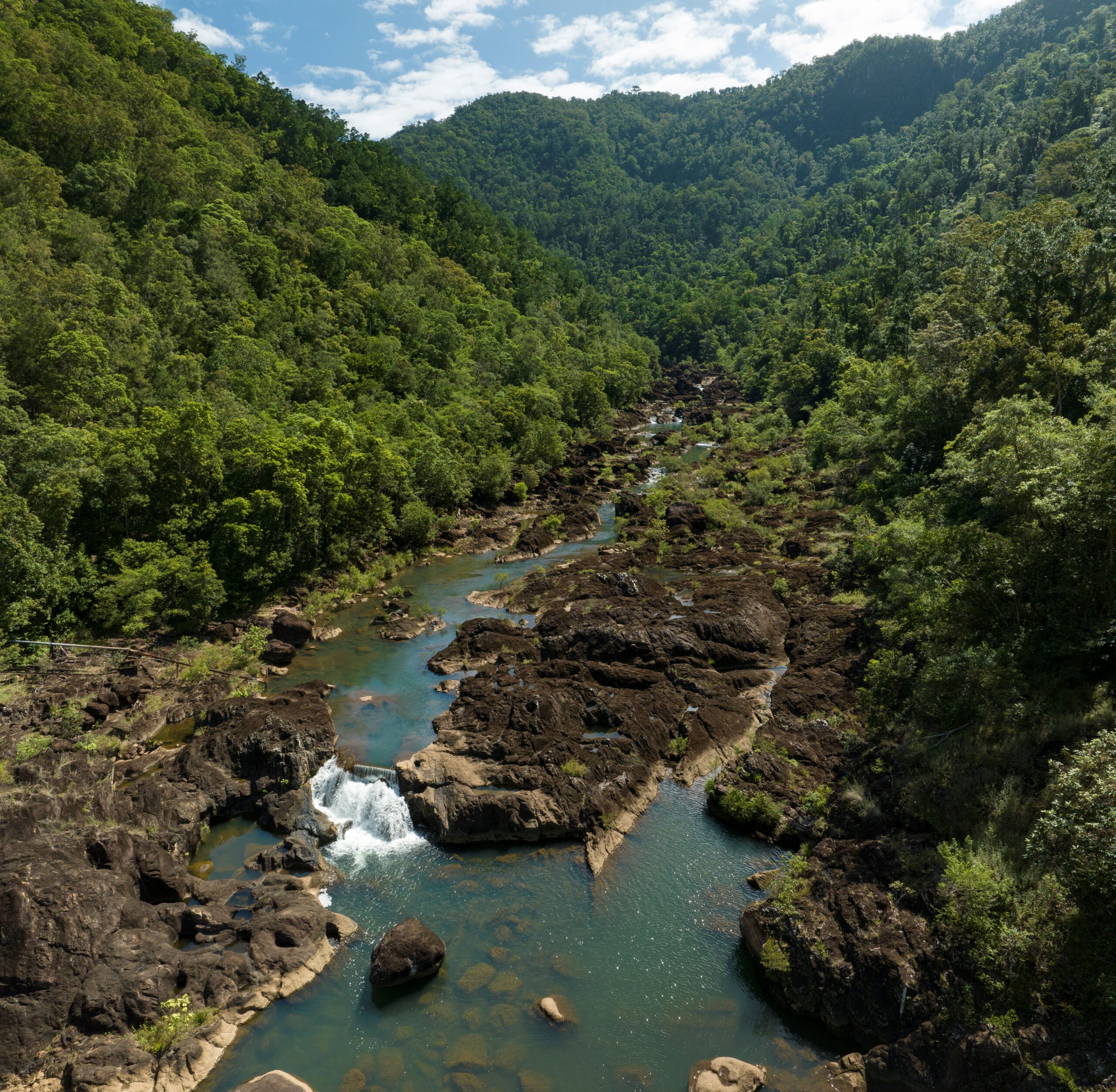 An aerial photograph of the Tully River in far north Queensland